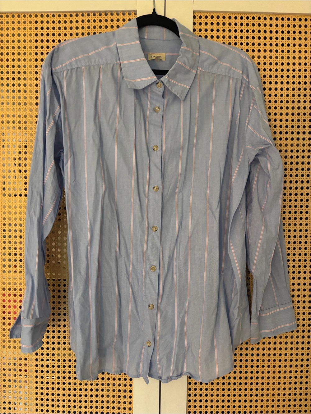 DONNI. Light Blue Button-Down Shirt with Pink Stripes